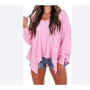 Free People Coraline Thermal Sweater Women XS Pink Slouchy Oversized Waffle Knit